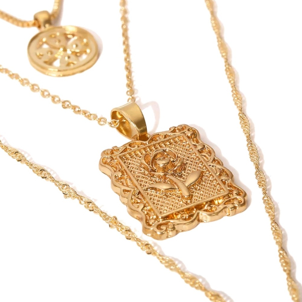 Gold Square Pendant Cross Layered Necklace - Picture 3 of 4